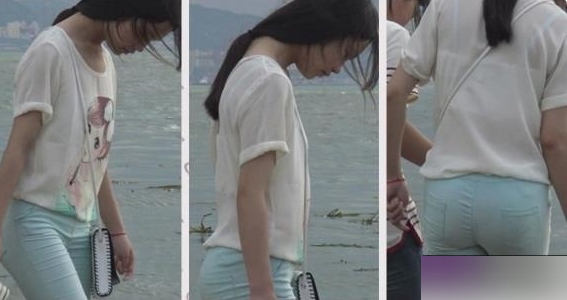 街拍清纯白衬衫少女海边戏水